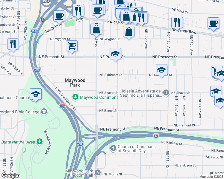 map of restaurants, bars, coffee shops, grocery stores, and more near 10327 Northeast Shaver Street in Portland