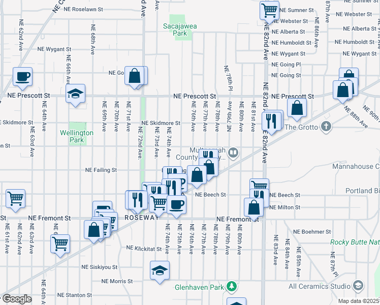 map of restaurants, bars, coffee shops, grocery stores, and more near 4014 Northeast 76th Avenue in Portland
