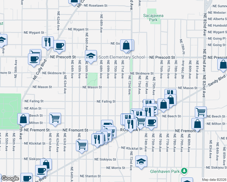 map of restaurants, bars, coffee shops, grocery stores, and more near 4010 Northeast 69th Avenue in Portland