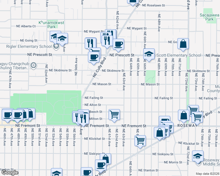 map of restaurants, bars, coffee shops, grocery stores, and more near 6004 Northeast Mason Street in Portland