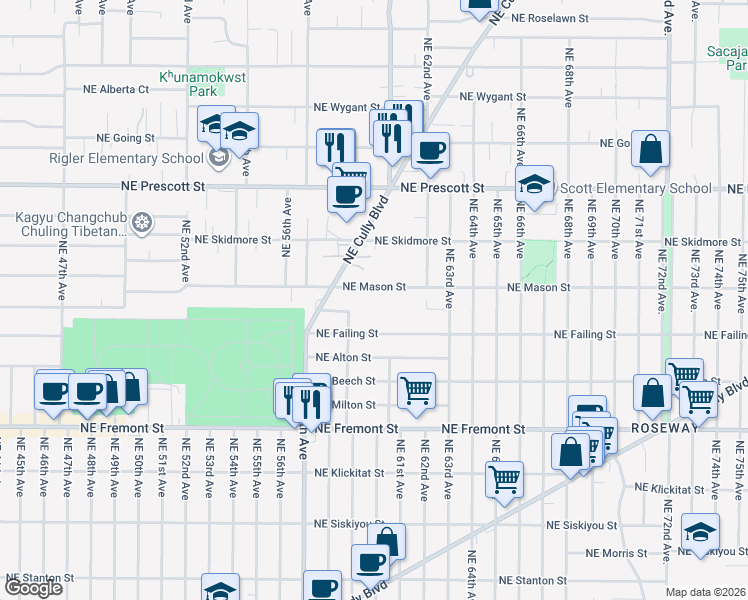map of restaurants, bars, coffee shops, grocery stores, and more near 6004 Northeast Mason Street in Portland