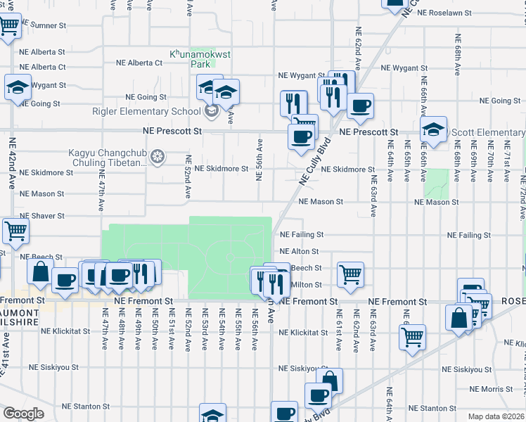 map of restaurants, bars, coffee shops, grocery stores, and more near 5610 Northeast Mason Street in Portland