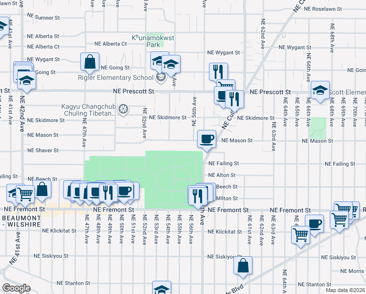 map of restaurants, bars, coffee shops, grocery stores, and more near 5426 Northeast Mason Street in Portland