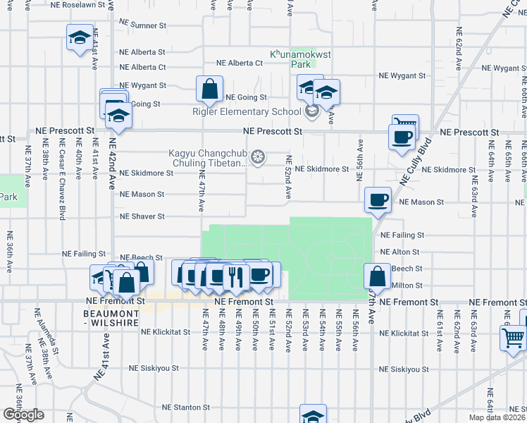 map of restaurants, bars, coffee shops, grocery stores, and more near 4936 Northeast Mason Street in Portland