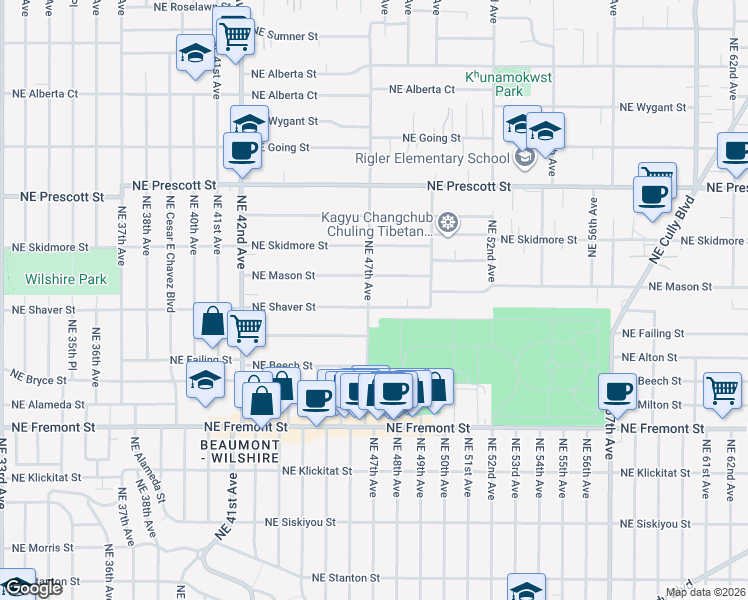 map of restaurants, bars, coffee shops, grocery stores, and more near 4723 Northeast Shaver Street in Portland