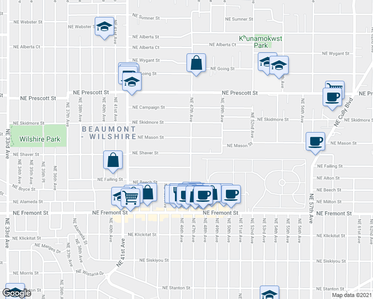 map of restaurants, bars, coffee shops, grocery stores, and more near 4551 Northeast Shaver Street in Portland