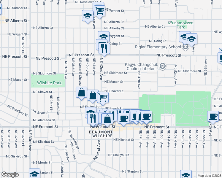 map of restaurants, bars, coffee shops, grocery stores, and more near 4317 Northeast Shaver Street in Portland