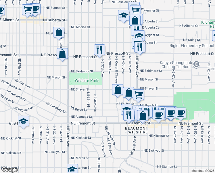map of restaurants, bars, coffee shops, grocery stores, and more near 3719 Northeast Shaver Street in Portland