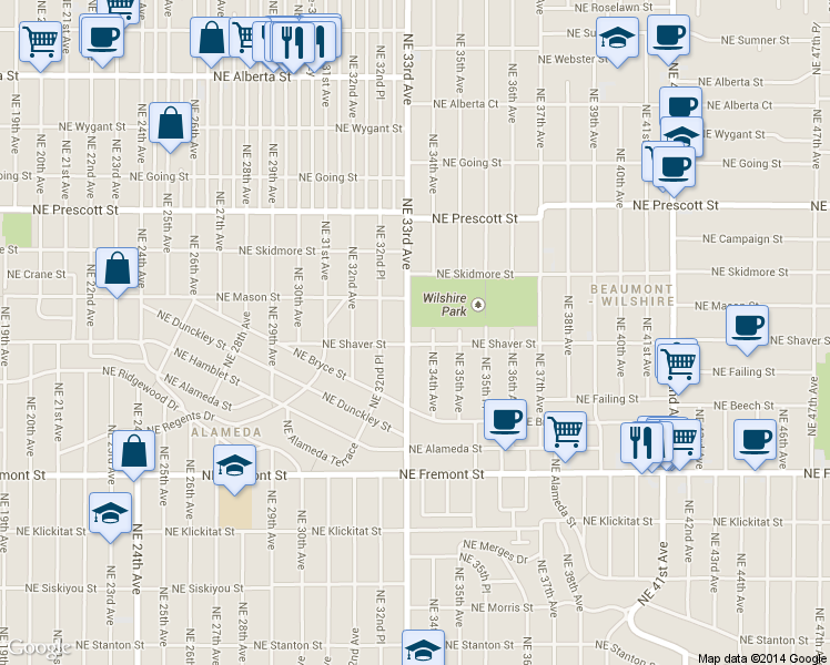 map of restaurants, bars, coffee shops, grocery stores, and more near 3281 Northeast Shaver Street in Portland