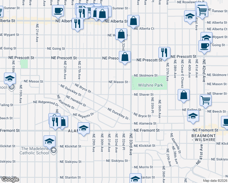 map of restaurants, bars, coffee shops, grocery stores, and more near 4004 Northeast 32nd Avenue in Portland