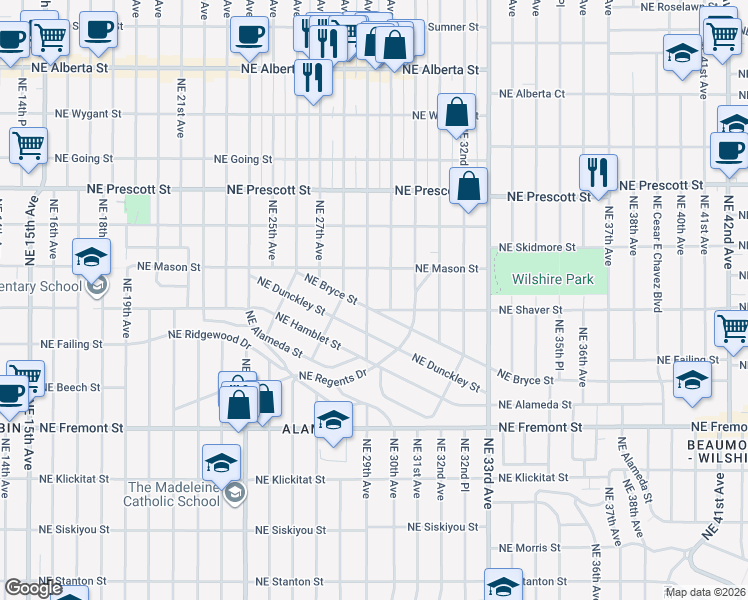 map of restaurants, bars, coffee shops, grocery stores, and more near 4010 Northeast 29th Avenue in Portland
