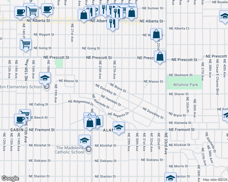 map of restaurants, bars, coffee shops, grocery stores, and more near 2638 Northeast Dunckley Street in Portland