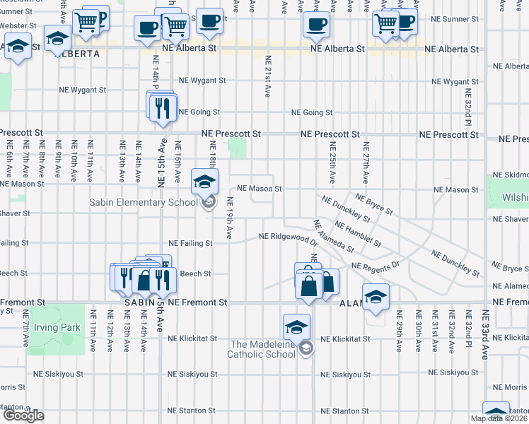 map of restaurants, bars, coffee shops, grocery stores, and more near 2037 Northeast Alameda Street in Portland
