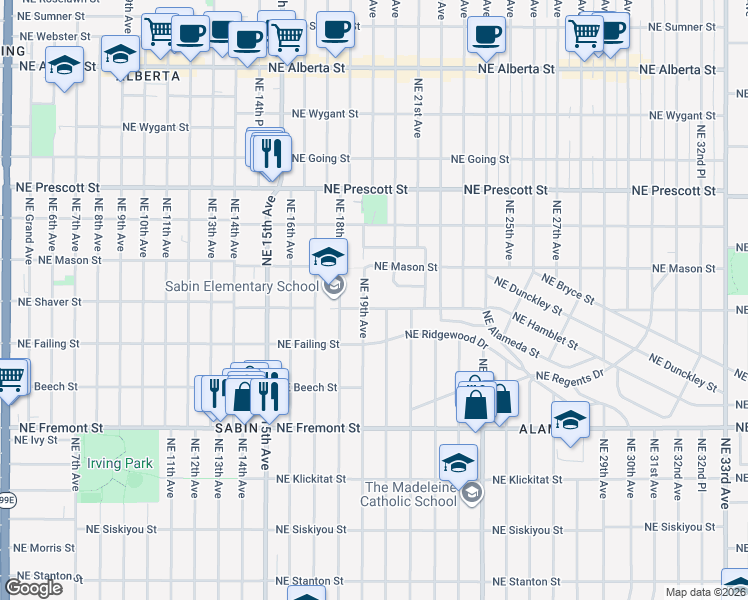 map of restaurants, bars, coffee shops, grocery stores, and more near 1903 Northeast Alameda Street in Portland