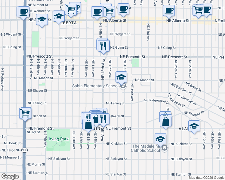 map of restaurants, bars, coffee shops, grocery stores, and more near 4004 Northeast 16th Avenue in Portland