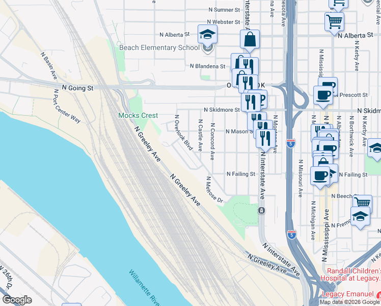 map of restaurants, bars, coffee shops, grocery stores, and more near 3971 North Overlook Boulevard in Portland
