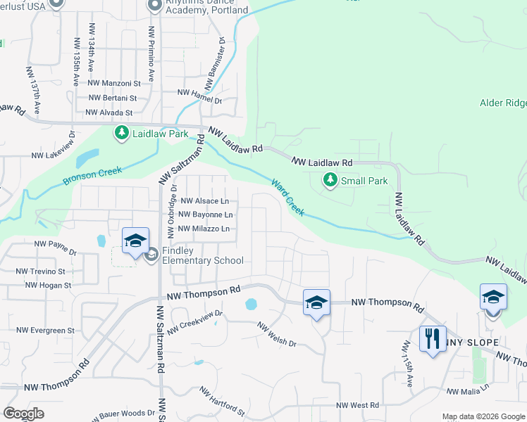 map of restaurants, bars, coffee shops, grocery stores, and more near 4494 Northwest Ashbrook Drive in Portland