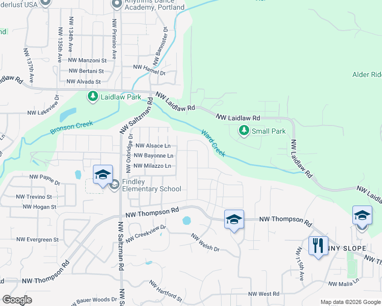 map of restaurants, bars, coffee shops, grocery stores, and more near 4494 Northwest Ashbrook Drive in Portland