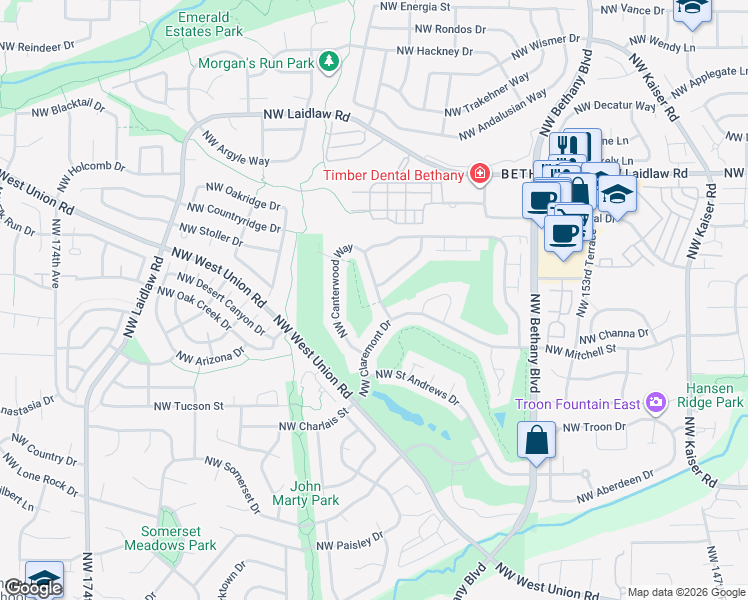 map of restaurants, bars, coffee shops, grocery stores, and more near 16108 Northwest Canterwood Way in Portland