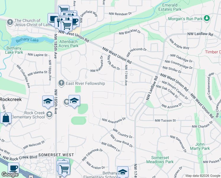 map of restaurants, bars, coffee shops, grocery stores, and more near 4403 Northwest 174th Avenue in Portland