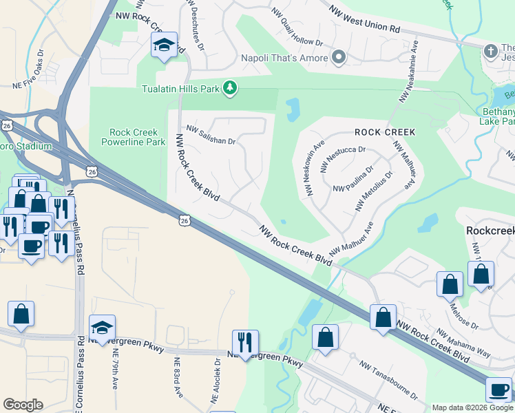map of restaurants, bars, coffee shops, grocery stores, and more near 20655 Northwest Rock Creek Boulevard in Portland
