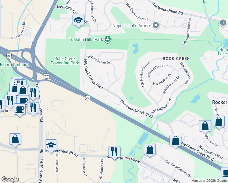 map of restaurants, bars, coffee shops, grocery stores, and more near 20655 Northwest Rock Creek Boulevard in Portland