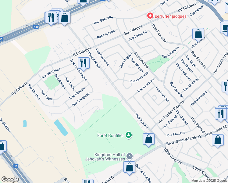 map of restaurants, bars, coffee shops, grocery stores, and more near 2304 100e Avenue in Laval
