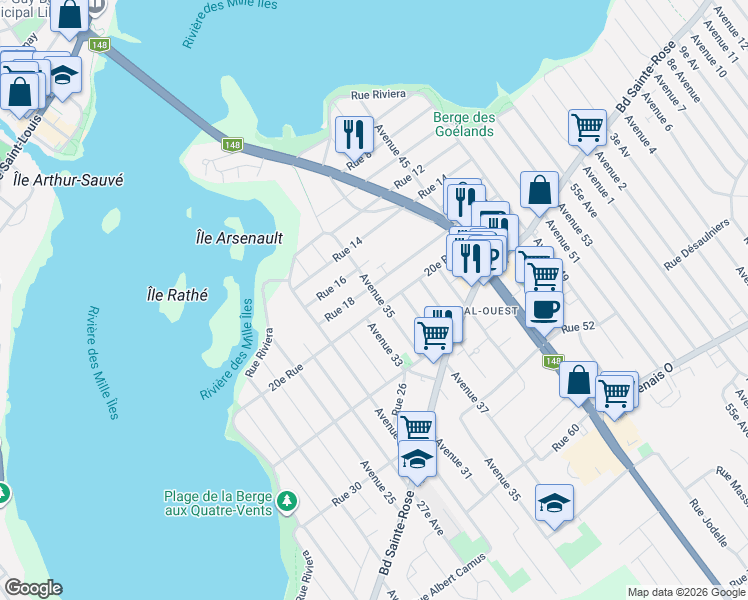 map of restaurants, bars, coffee shops, grocery stores, and more near 1900 35e Av in Laval