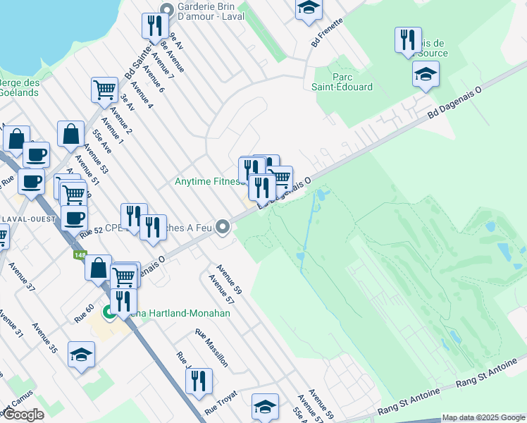 map of restaurants, bars, coffee shops, grocery stores, and more near 4770 Boulevard Dagenais Ouest in Laval