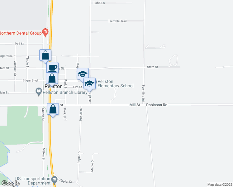 map of restaurants, bars, coffee shops, grocery stores, and more near 81 Timberlane in Pellston