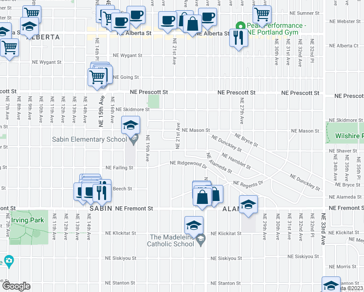 map of restaurants, bars, coffee shops, grocery stores, and more near 4007 Northeast 22nd Avenue in Portland