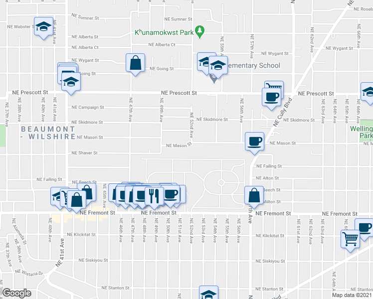 map of restaurants, bars, coffee shops, grocery stores, and more near 5124 Northeast Mason Street in Portland
