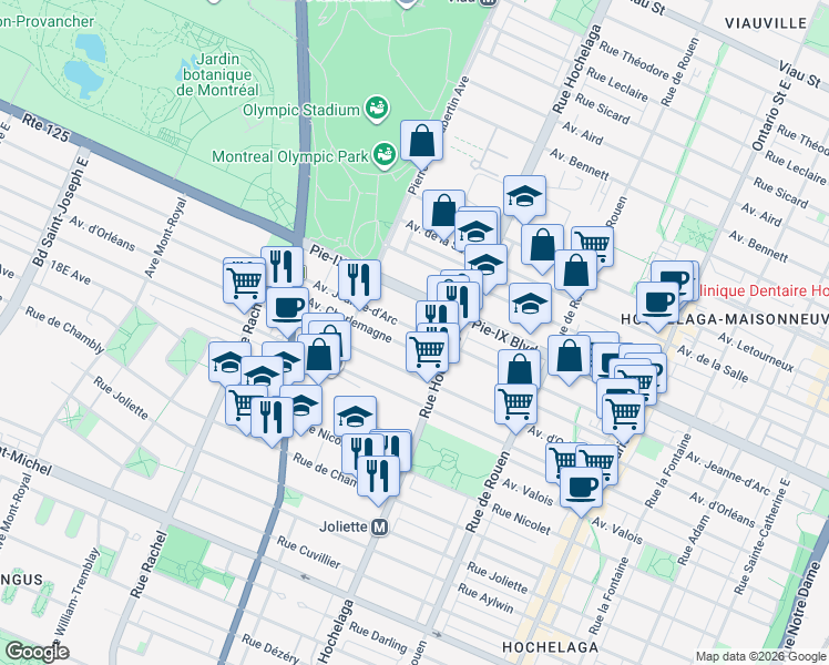 map of restaurants, bars, coffee shops, grocery stores, and more near 2590 Avenue Jeanne d'Arc in Montréal