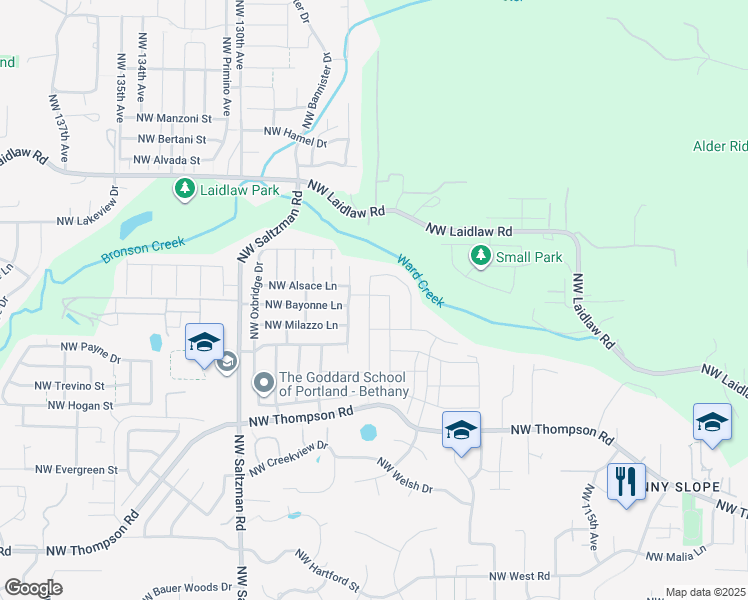 map of restaurants, bars, coffee shops, grocery stores, and more near 4494 Northwest Ashbrook Drive in Portland