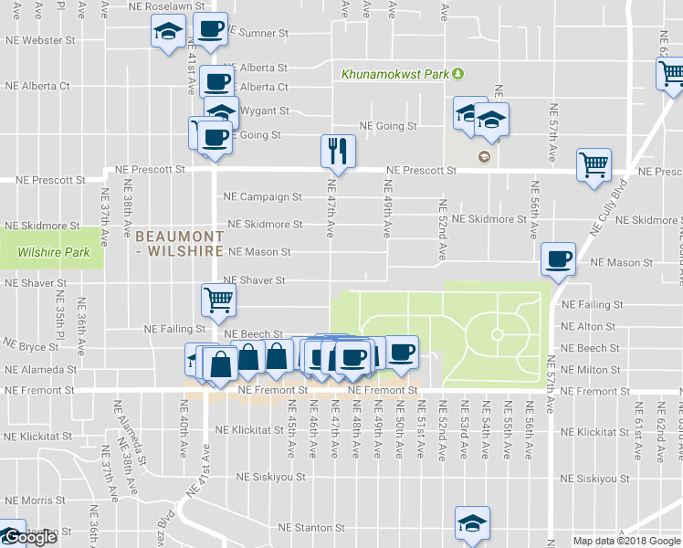 map of restaurants, bars, coffee shops, grocery stores, and more near 4723 Northeast Shaver Street in Portland