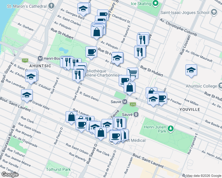 map of restaurants, bars, coffee shops, grocery stores, and more near 9960 Rue Lajeunesse in Montréal
