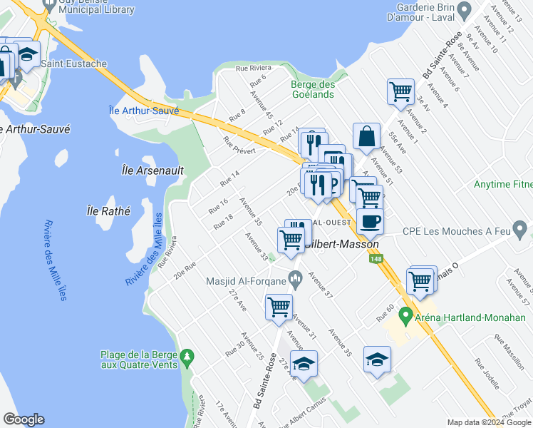 map of restaurants, bars, coffee shops, grocery stores, and more near 3650 20e Rue in Laval