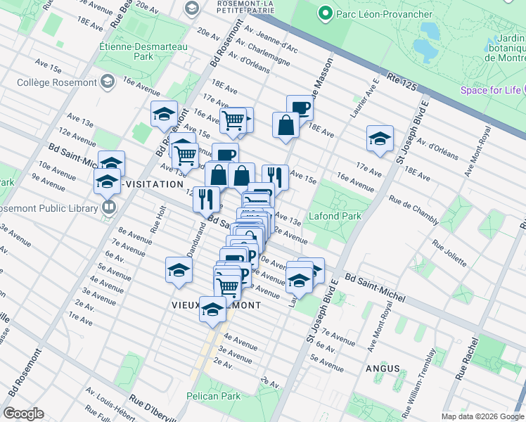 map of restaurants, bars, coffee shops, grocery stores, and more near 5410 13e Avenue in Montréal