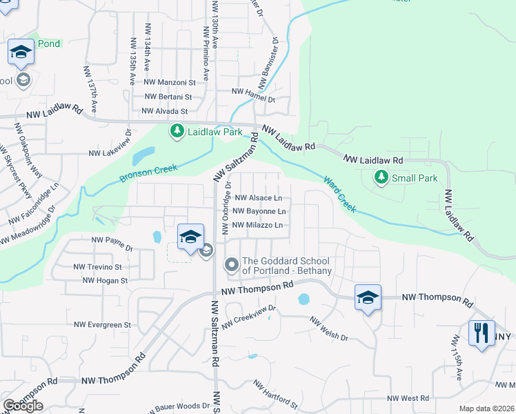 map of restaurants, bars, coffee shops, grocery stores, and more near 12707 Northwest Bayonne Lane in Portland