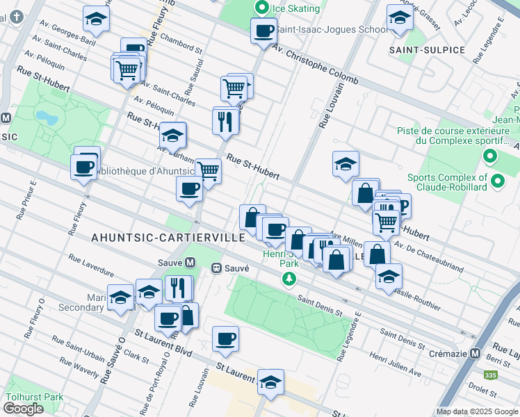 map of restaurants, bars, coffee shops, grocery stores, and more near 9566 Avenue Millen in Montréal