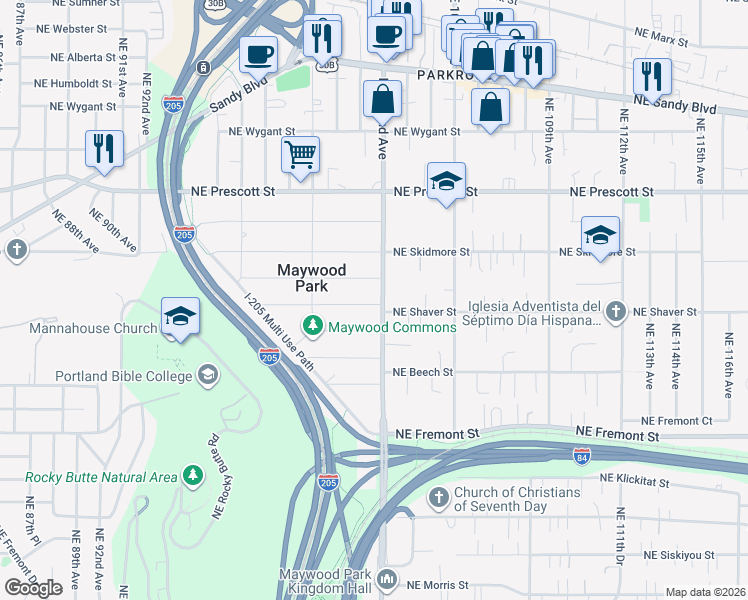map of restaurants, bars, coffee shops, grocery stores, and more near 10121 Northeast Shaver Street in Portland