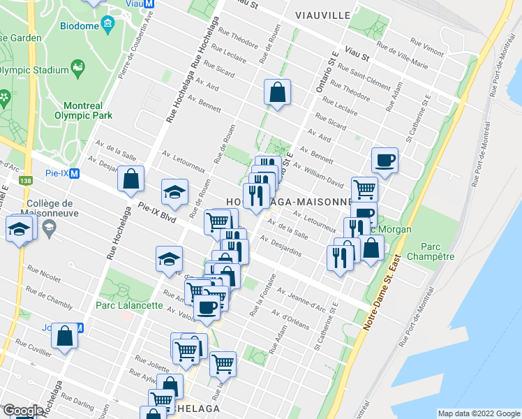map of restaurants, bars, coffee shops, grocery stores, and more near 4267 Rue Ontario Est in Montréal