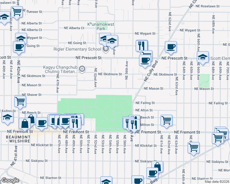 map of restaurants, bars, coffee shops, grocery stores, and more near 5426 Northeast Mason Street in Portland