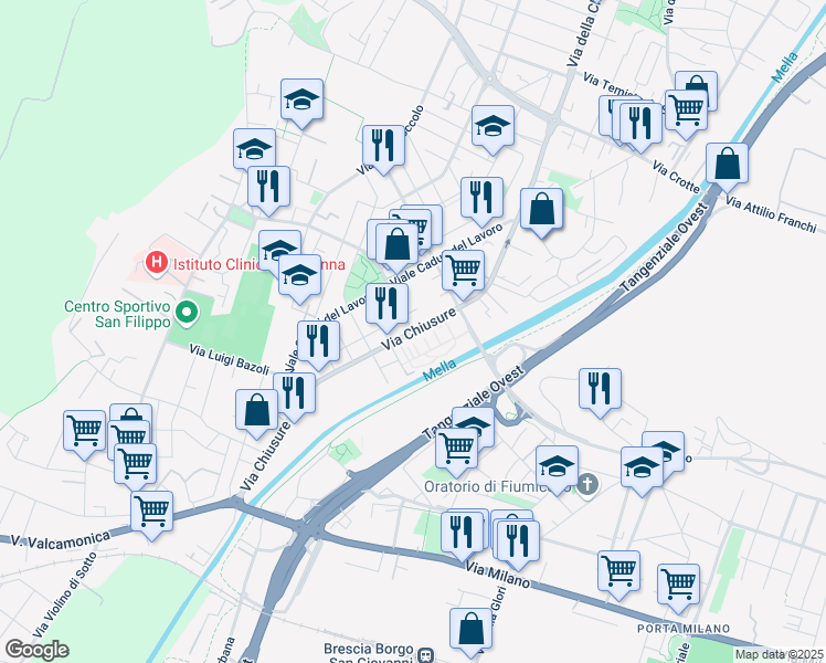 map of restaurants, bars, coffee shops, grocery stores, and more near Piazza Luigi Buffoli in Brescia