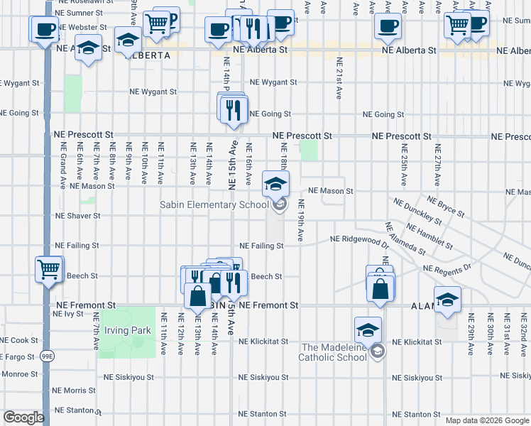 map of restaurants, bars, coffee shops, grocery stores, and more near 4004 Northeast 16th Avenue in Portland