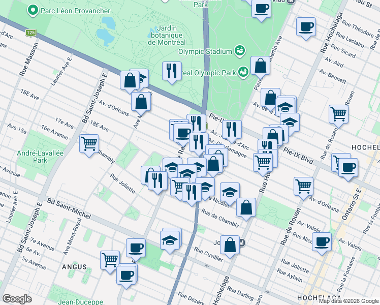 map of restaurants, bars, coffee shops, grocery stores, and more near 3427 Avenue Bourbonnière in Montréal