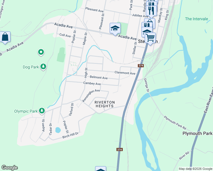 map of restaurants, bars, coffee shops, grocery stores, and more near 27 Cambey Avenue in Stellarton