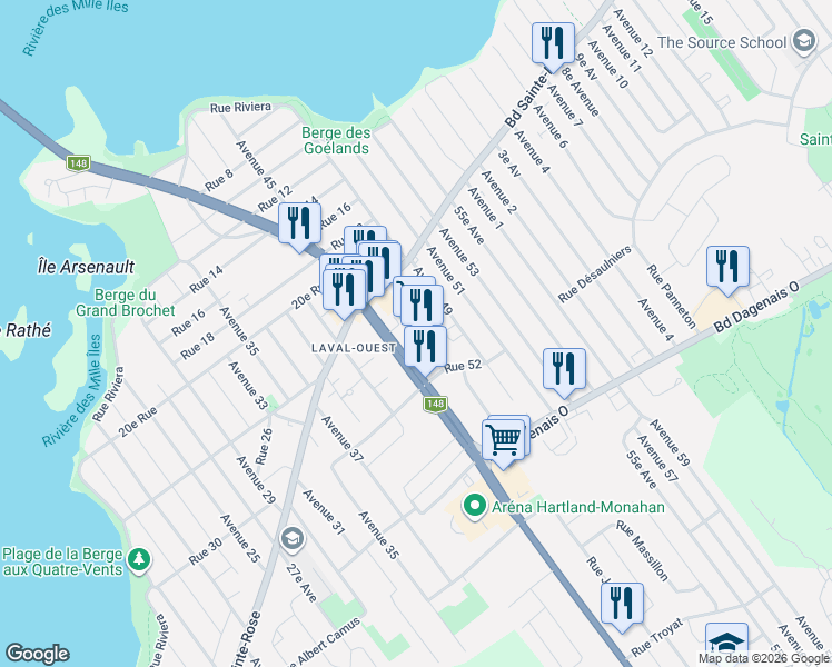 map of restaurants, bars, coffee shops, grocery stores, and more near 4805 Boulevard Arthur-Sauvé in Laval