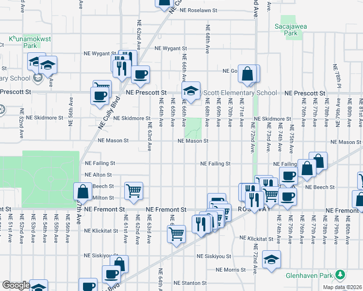map of restaurants, bars, coffee shops, grocery stores, and more near 4027 Northeast 66th Avenue in Portland