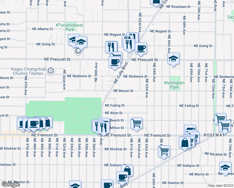 map of restaurants, bars, coffee shops, grocery stores, and more near 5878 Northeast Mason Street in Portland